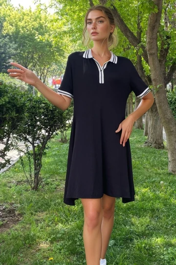 Siyah Polo Yaka Ribana Şeritli Rahat Kalıp Viscon Elbise BCVL-2530001