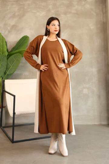 Tarçın Kahve Bisiklet Yaka Elbise Ve Hırka Tesettür Alt Üst Takım BCES-252024