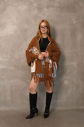 Tarçın Kahve Motifli Triko Şal BCES-252003