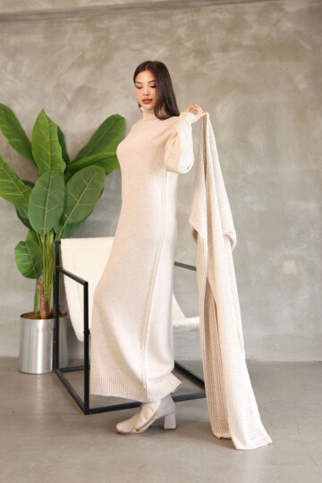 Taş Boğazlı Uzun Kol Triko Elbise Ve Uzun Hırka Tesettür Alt Üst Triko Takım BCES-252039