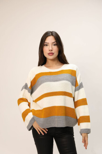 Turuncu Bisiklet Yaka Çizgi Desenli Triko Kazak BCES-252006