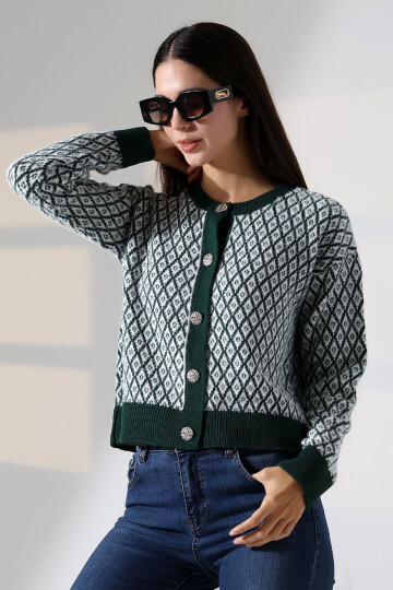 Yeşil Kare Çizgi Desenli Düğmeli Triko Hırka BCES-252004