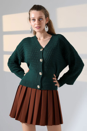 Yeşil Motif Desenli Düğmeli Triko Hırka BCES-252027