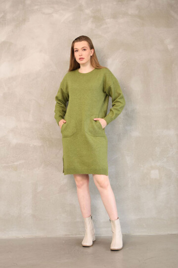 Zeytin Yeşili Çift Cepli Bisiklet Yaka Tunik Elbise BCES-252022-1