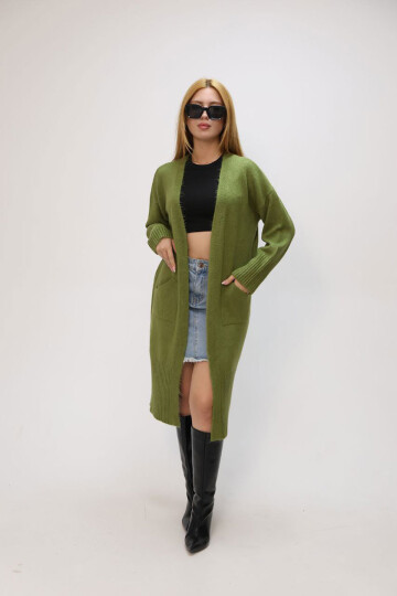 Zeytin Yeşili Salaş Yumuşak Dokulu Triko Hırka BCES-252009