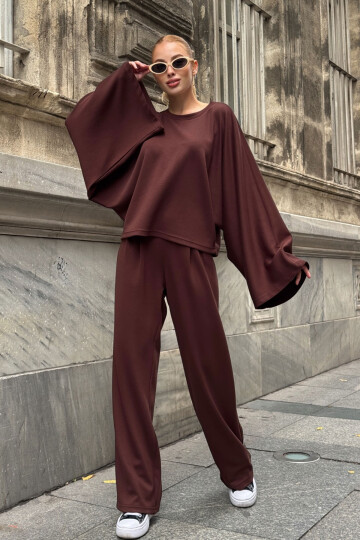 Acı Kahve Rahat Kalıp Yarasa Kol Bluz Ve Salaş Pantolon Modal Kumaş Alt Üst Takım BCVL-25V232