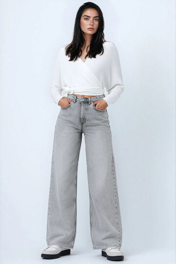 Açık Gri Yüksek Bel 5 Cepli Baggy Jean BCHNW-251207