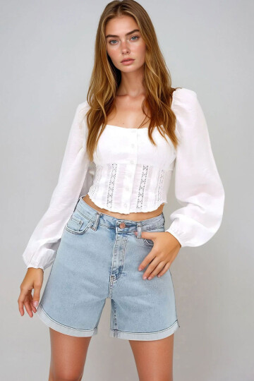 Açık Mavi Duble Paça Cepli Jean Kot Şort BCHNW-251165