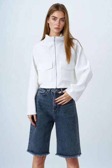 Antrasit 5 Cepli Paçası Püsküllü Denim Şort BCHNW-251196