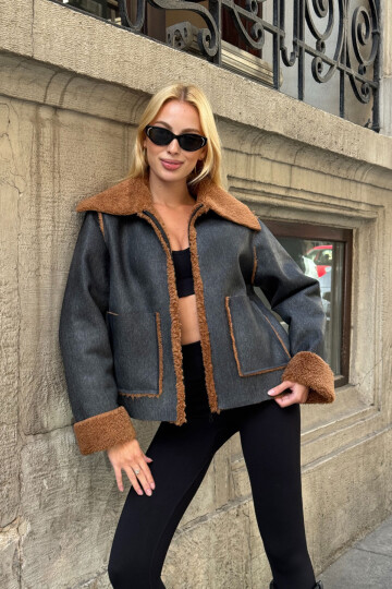 Antrasit Çift Cepli İçi Suni Kürklü Biker Ceket