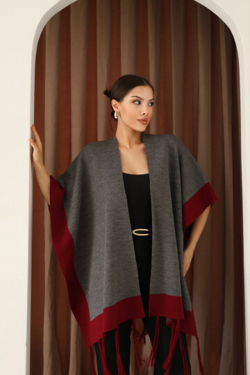 Antrasit Püsküllü Renk Bloklu Kışlık Triko Şal BCES-253005