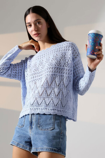 Bebe Mavi Bisiklet Yaka Dantel Motifli Triko Kazak BCES-252043