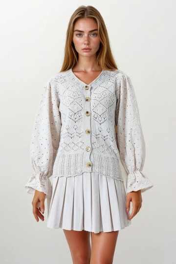 Bej Ajurlu Triko Brode Kol Düğmeli Hırka BCHESQ-251157