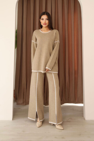 Bej Çizgi Desenli Triko Kazak Ve Yırtmaçlı Pantolon Triko Alt Üst Takım BCES-253008