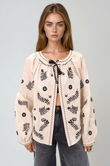 Bej Hakim Yaka Çiçek Desenli Nakış İşlemeli Keten Ceket BCHESQ-251096