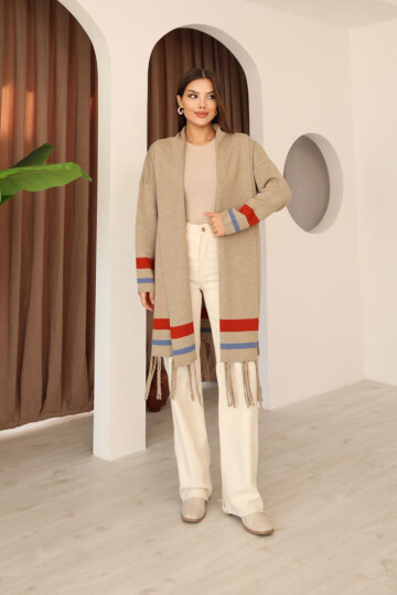 Bej Püsküllü Renk Bloklu Uzun Triko Hırka BCES-253002