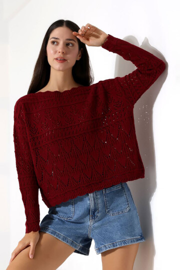 Bordo Bisiklet Yaka Dantel Motifli Triko Kazak BCES-252043