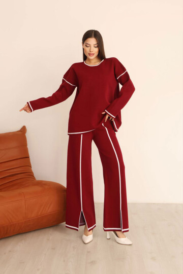 Bordo Çizgi Desenli Triko Kazak Ve Yırtmaçlı Pantolon Triko Alt Üst Takım BCES-253008