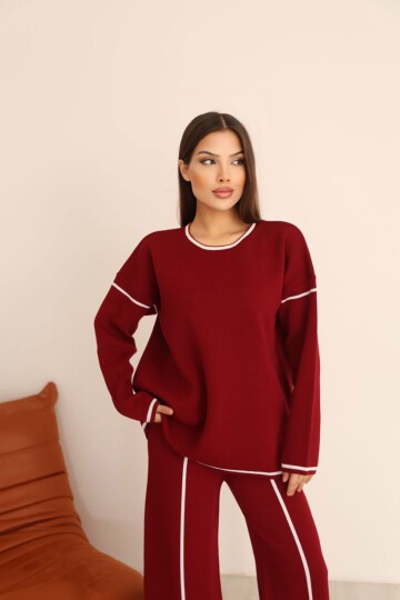Bordo Çizgi Desenli Triko Kazak Ve Yırtmaçlı Pantolon Triko Alt Üst Takım