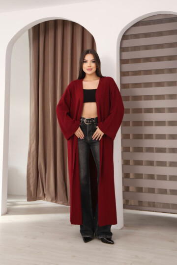 Bordo Duble Kol Oversize Uzun Salaş Triko Hırka