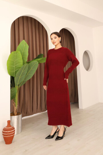 Bordo Uzun Kol Maxi Boy Triko Elbise BCES-253004