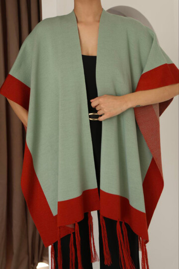 Çağla Yeşili Püsküllü Renk Bloklu Kışlık Triko Şal BCES-253005