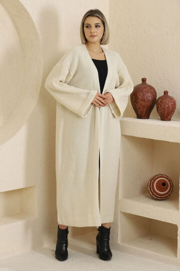 Ekru Duble Kol Uzun Tesettür Triko Hırka BCES-253000