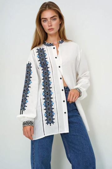 Ekru Hakim Yaka Nakışlı Keten Gömlek BCHESQ-251070