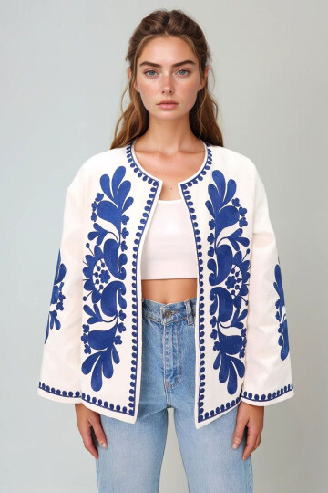Ekru Nakış İşlemeli İçi Astarlı Ceket BCHESQ-251056