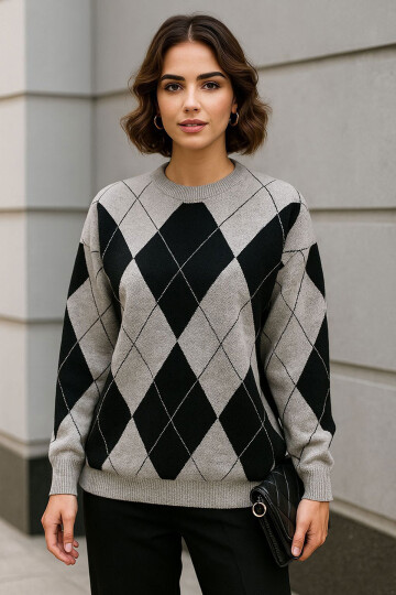 Gri Bisiklet Yaka Baklava Desenli Triko Kazak BCVL-253027