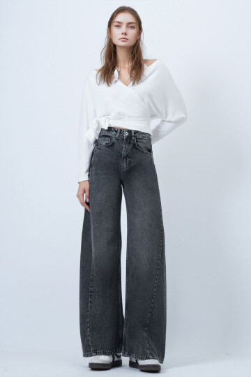 Gri Yüksek Bel 5 Cepli Baggy Jean BCHNW-251207