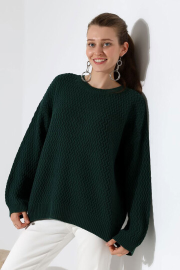 Haki Bisiklet Yaka Su Yolu Desenli Triko Kazak BCES-252008