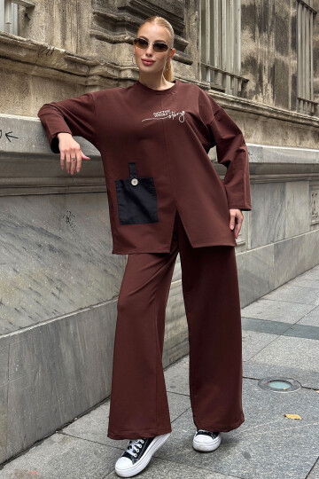 Kahverengi Cep Detaylı 2 İplik Örme Bluz Ve Pantolon Alt Üst Takım BCVL-25V227