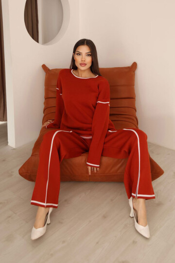 Kırmızı Çizgi Desenli Triko Kazak Ve Yırtmaçlı Pantolon Triko Alt Üst Takım BCES-253008