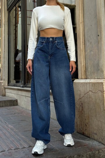 Koyu Mavi 5 Cepli Bol Paça Baggy Jean