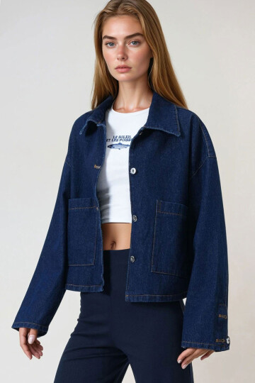 Koyu Mavi Çift Cepli Düğme Kapamalı Denim Ceket BCHNW-251201