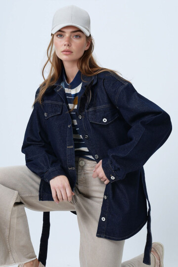 Lacivert Beli Kuşaklı Düğme Kapamalı Denim Gömlek BCHNW-251208