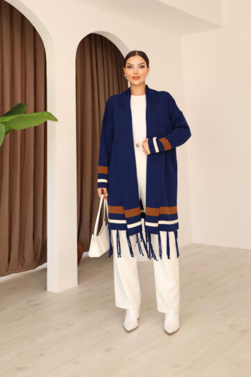 Lacivert Püsküllü Renk Bloklu Uzun Triko Hırka BCES-253002