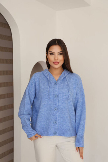 Mavi Düğmeli Kapüşonlu Soft Touch Triko Hırka BCES-253009