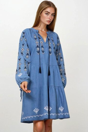 Mavi Hakim Yaka Nakış İşlemeli Jean Elbise BCHESQ-251105