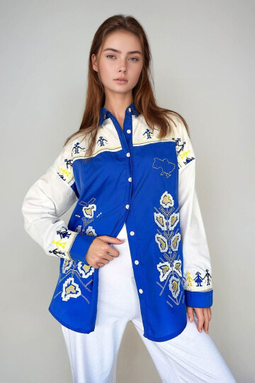 Mavi Nakışlı Poplin Oversize Gömlek BCHESQ-251025