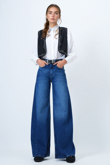 Mavi Yüksek Bel 5 Cepli Baggy Jean BCHNW-251207