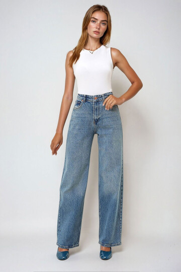 Mavi Yüksek Bel Palazzo Kesim Jean Pantolon BCHNW-251176
