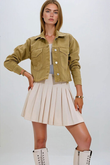 Olive Çift Cepli Püskül Detaylı Crop Jean Ceket BCHNW-251173