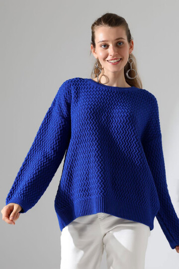 Saks Bisiklet Yaka Su Yolu Desenli Triko Kazak BCES-252008