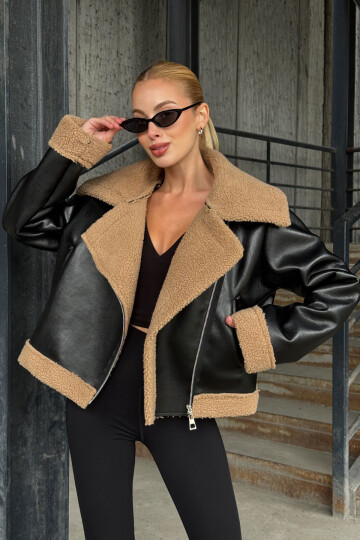 Siyah Bej Çift Cepli İçi Suni Kürklü Suni Deri Biker Mont Ceket BCVL-25V700