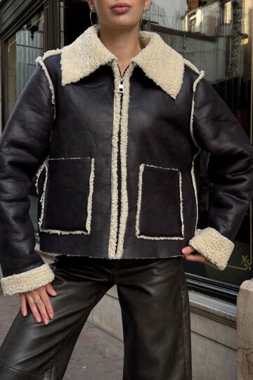 Siyah Çift Cepli İçi Suni Kürklü Biker Ceket