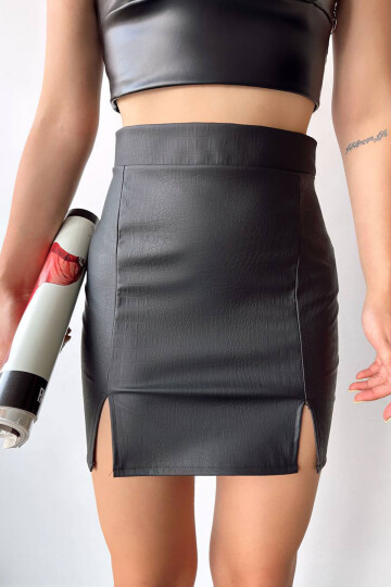 Siyah Croco Desen Çift Yırtmaçlı Etek BCHN-2526649