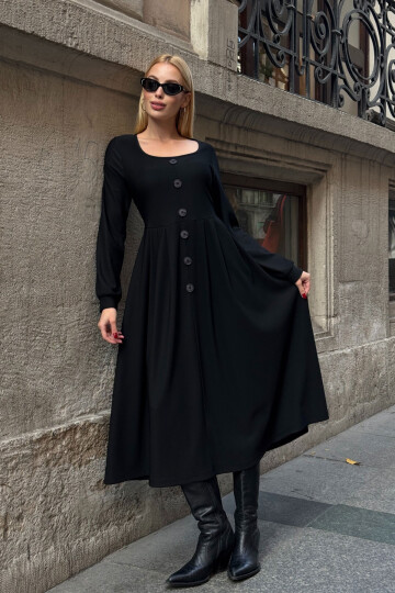 Siyah Geniş Yaka Düğme Detaylı Çift Cepli Yumuşak Dokulu Kumaş Örme Elbise BCVL-25V239