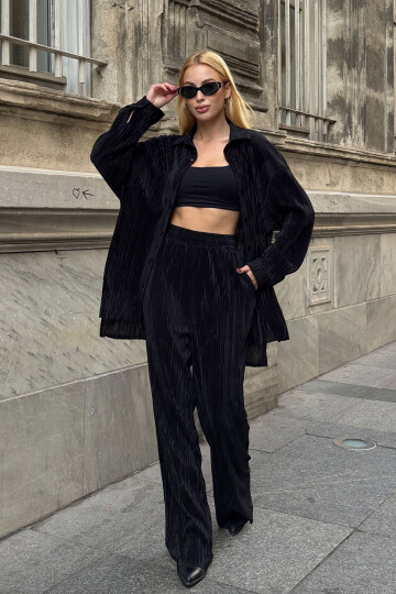 Siyah Gömlek Ve Palazzo Pantolon Piliseli Kumaş Dokuma Alt Üst Takım BCVL-25V236